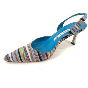 Manolo Blahnik Blue Suede Striped Pointed Toe Slingback Heels Pumps Sz 39.5